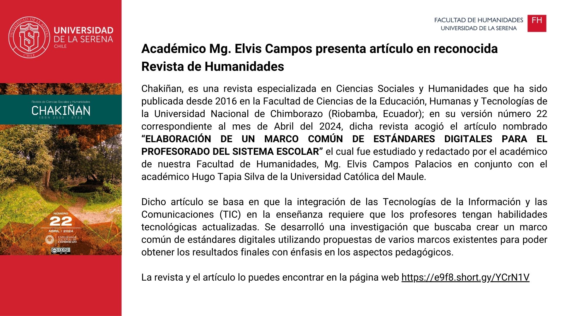 Académico Mg. Elvis Campos presenta artículo en reconocida Revista de Humanidades