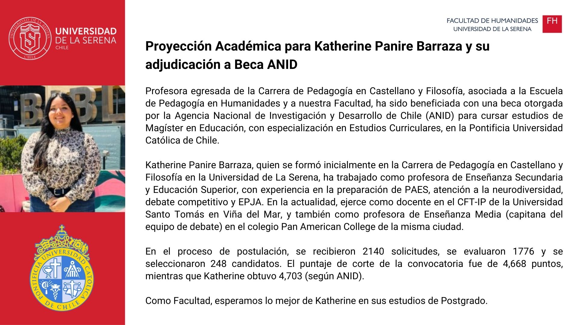 Proyección Académica para Katherine Panire Barraza y su adjudicación a Beca ANID